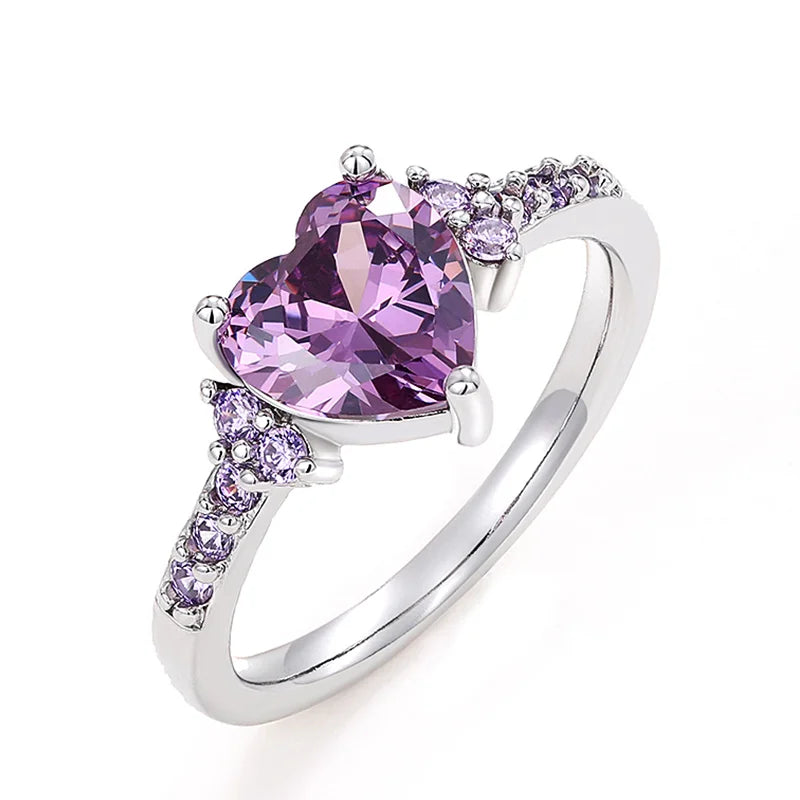 Purple Heart Cubic Zirconia Engagement Ring for Women Unique Wedding Jewelry Romantic Gift