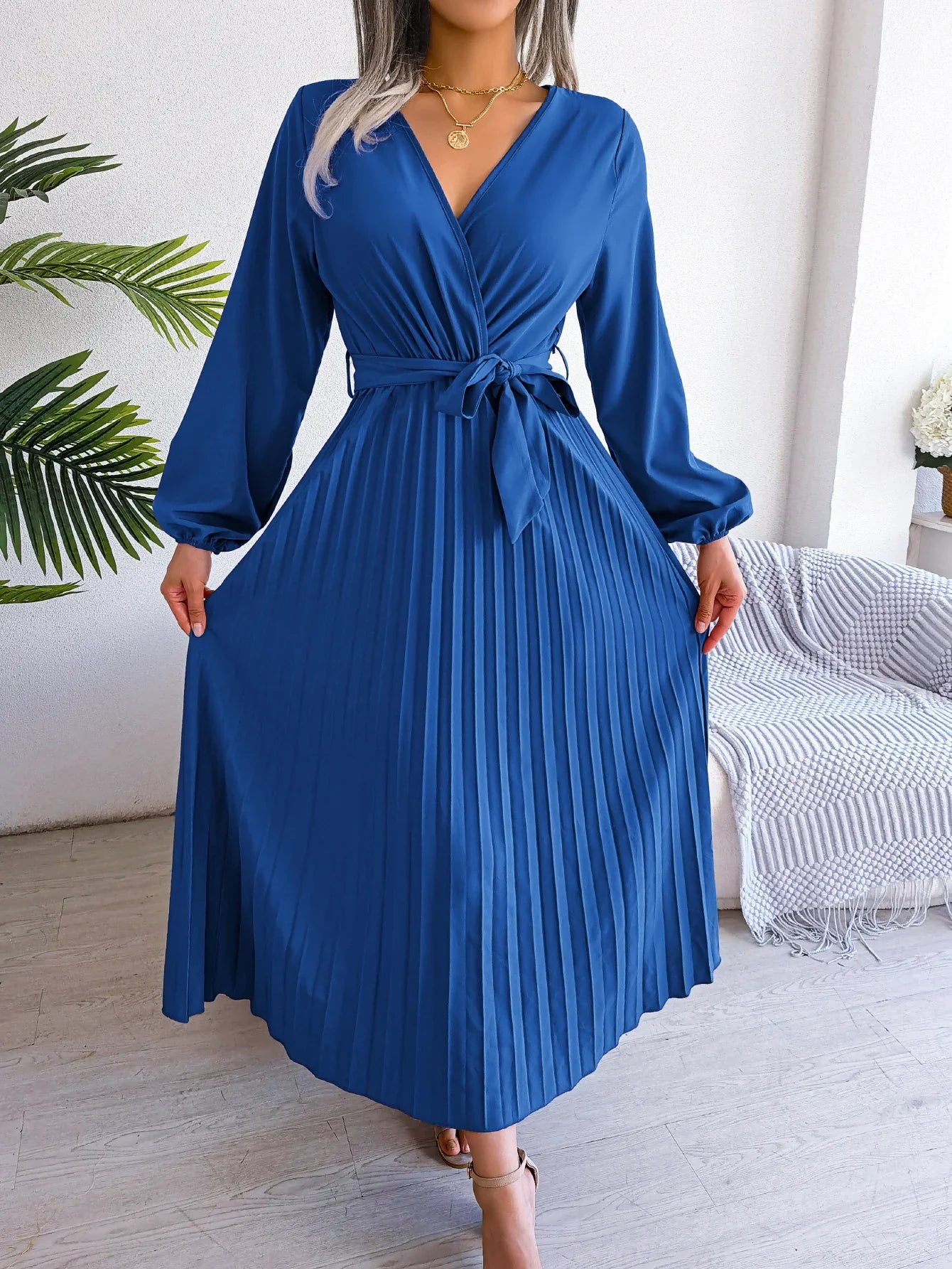 Elegant Surplice Neck Pleated Maxi Dress With Belt Flair