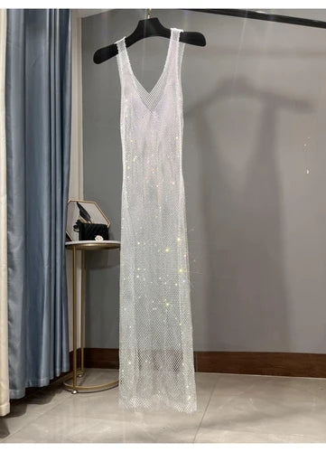 Rhinestone Party Dress Deep V Neck Mesh Club Wear For Women