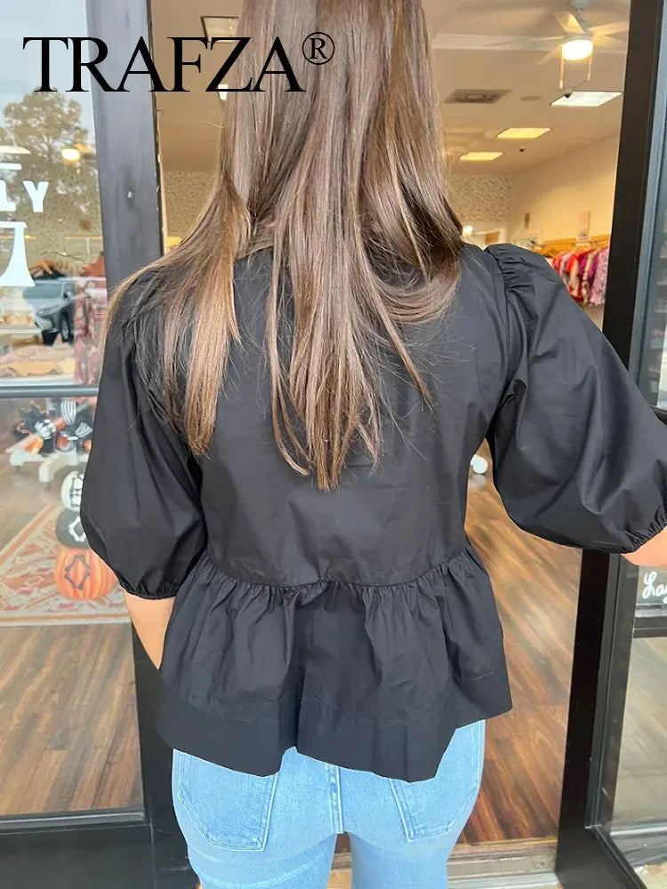 Women Bow Lace Up Puff Sleeve Blouse O Neck Sweet Casual Chic Top in White and Black