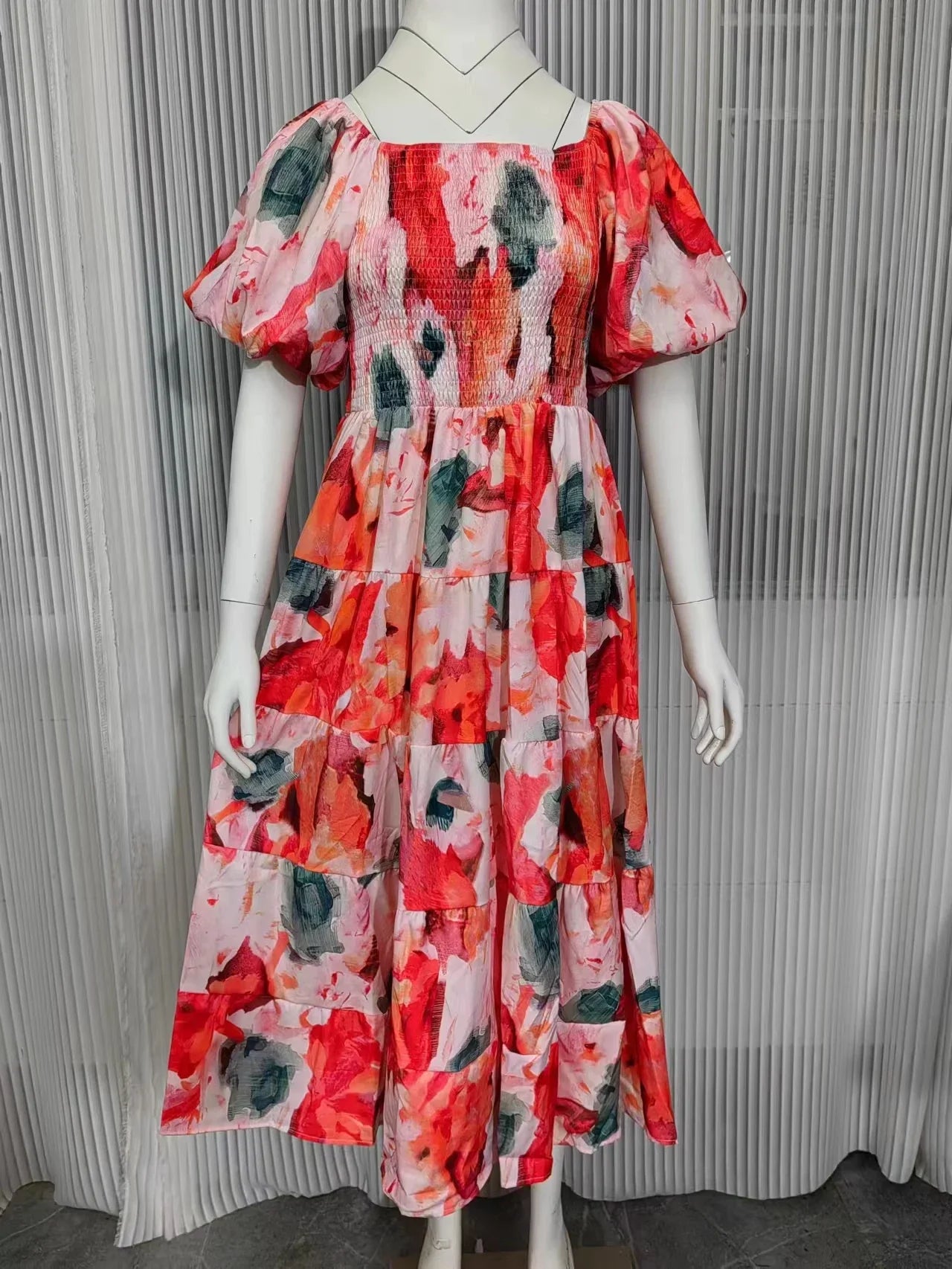 One Shoulder Summer Dress With Square Neck Lantern Sleeves