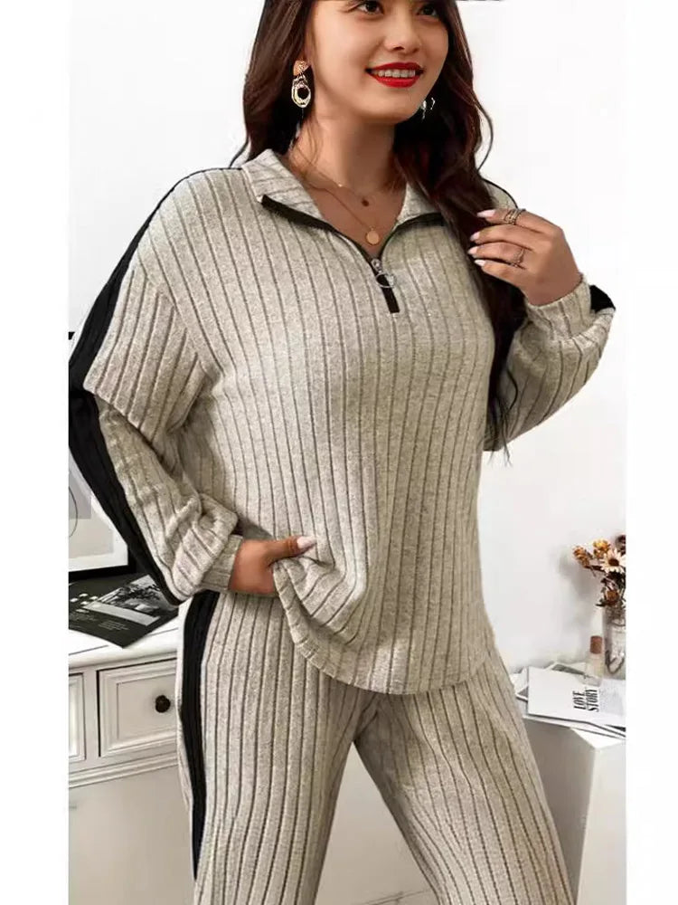 Women Loose Knit Sweater and Wide Leg Pants Two Piece Set with Stripe Color V Neck Design for Autumn and Winter Homewear