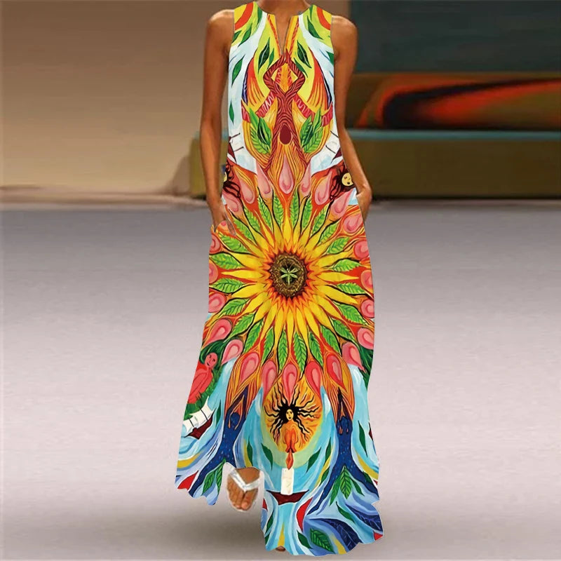 Sleeveless V Neck Printed Maxi Dress for Summer Heat