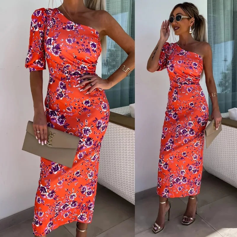 High Waist Off Shoulder Party Dress Asymmetrical Print