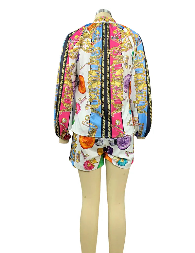 Elegant Two-Piece Women's Set Featuring Stand Collar Long Sleeve Blouse and High-Waist Elastic Shorts Casual Chic Lounge Wear