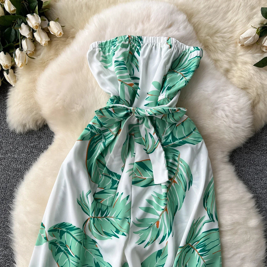 Women's Elegant Suspender Jumpsuit Sexy Printed Casual Hip Waist Overalls Romper