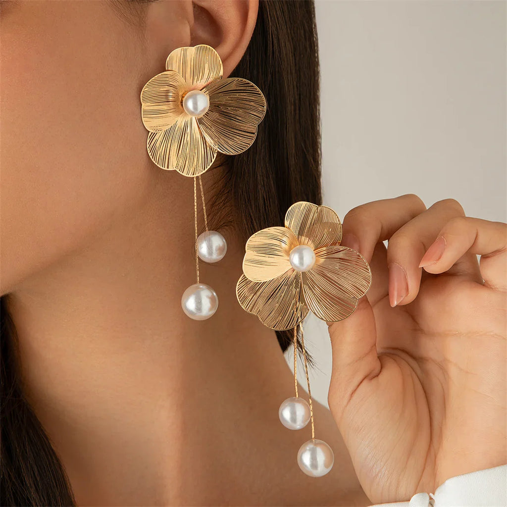 Women's Flower Petal Long Tassel Drop Earrings with Imitation Pearl for Weddings and Special Occasions