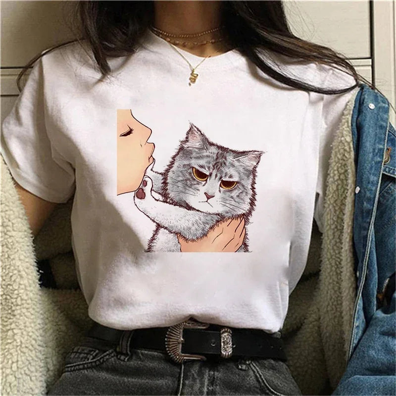 Summer Women Cute Cat Printed T-Shirt Casual Vintage Tee Top