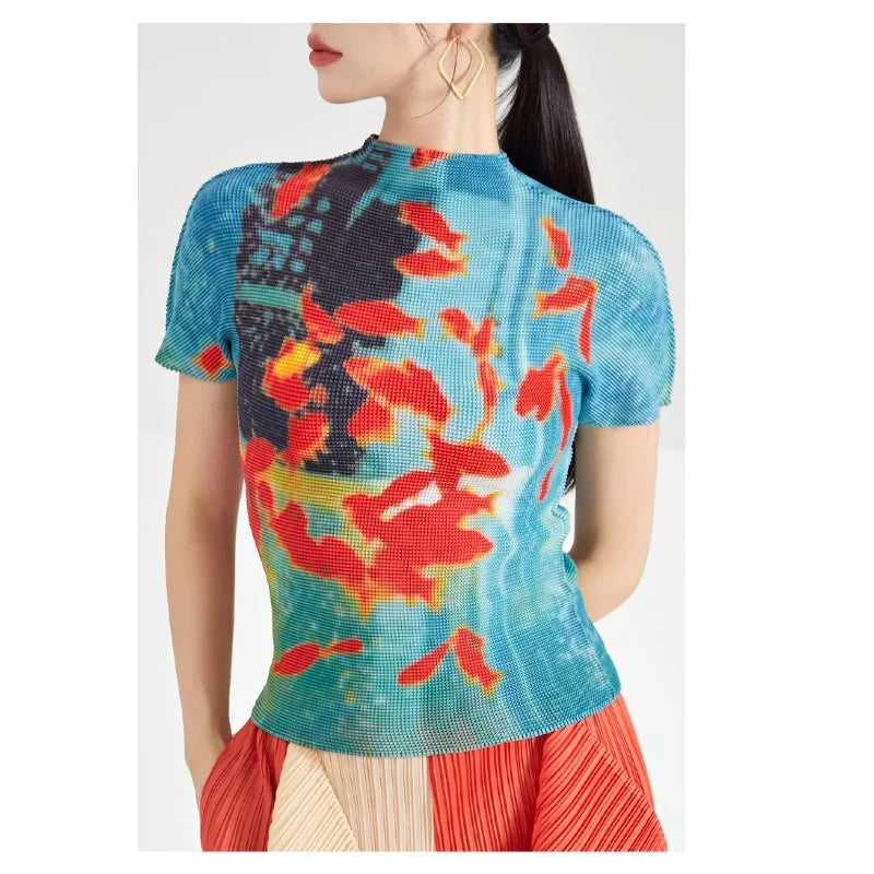 Vintage Fish Print Turtleneck Y2K Women Tees Summer Slim Fit Tops