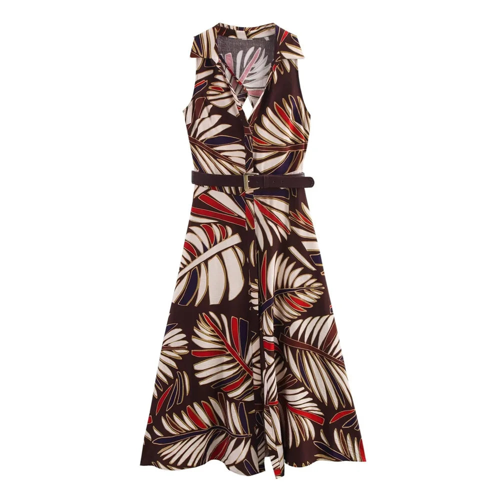 Waist Belt Midi Dress For Women With Lapel Decoration