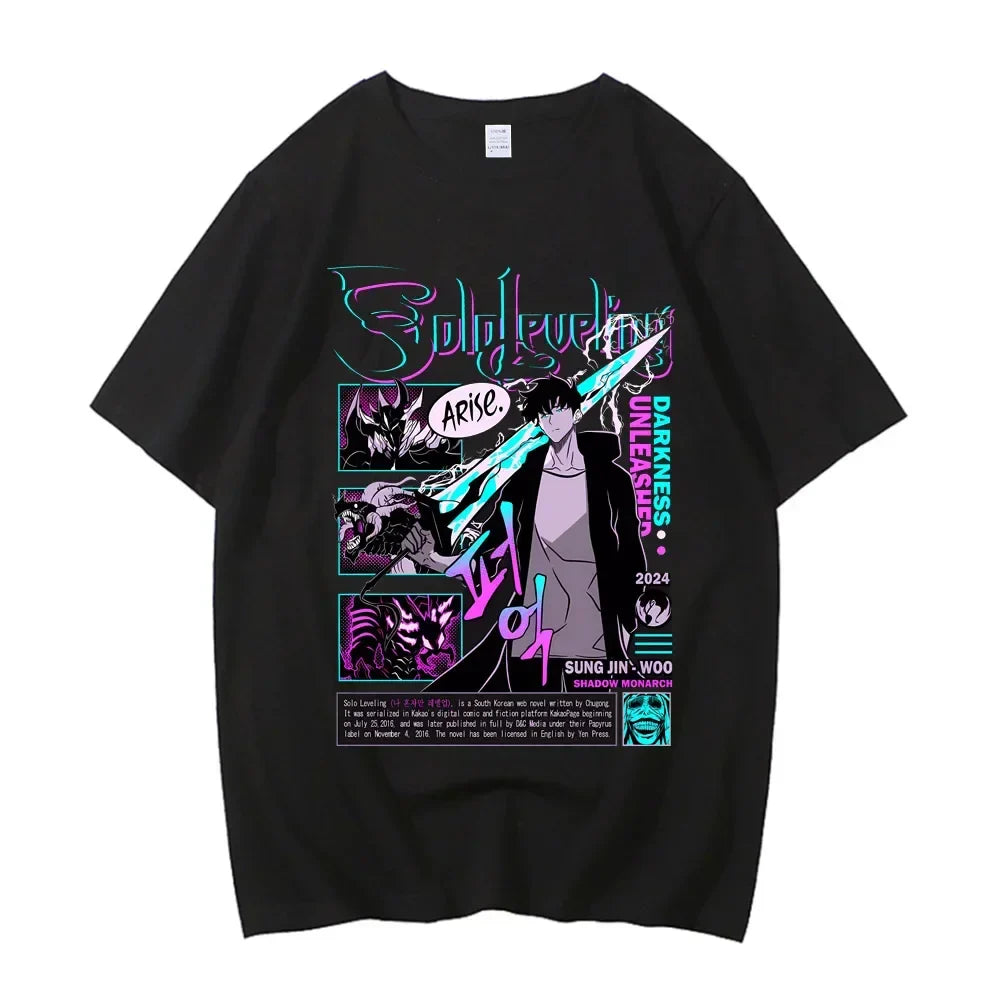Sung Jinwoo Solo Leveling Anime Graphic T Shirt for Men and Women High Quality Cotton Short Sleeve Streetwear Tee