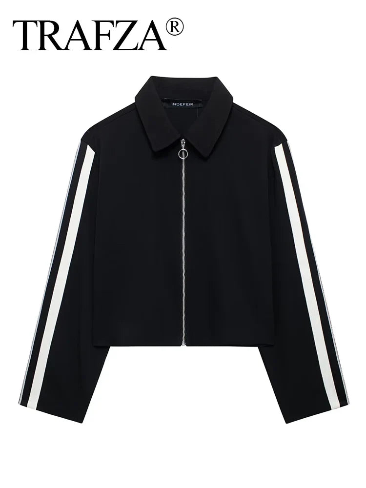 Women's Striped Sports Suit with Long Sleeve Zip Lapel Coat and High Waist Wide Leg Pants Two-Piece Set