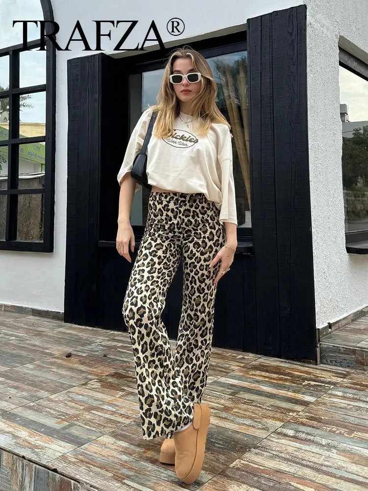 Leopard Print Wide Leg Pants for Women High Waist Slim Straight Long Trousers Fashionable Streetwear Bottoms