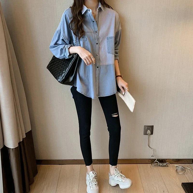 Loose Fit Women's Denim Shirt Long Sleeve Cotton Casual Button-Up Korean Style Autumn Winter Camisa Jeans Shirt