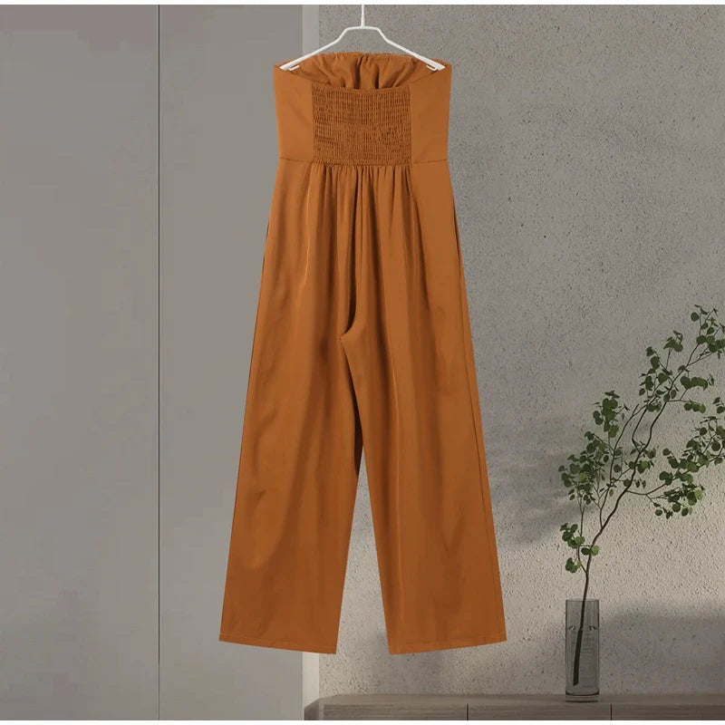 Solid Backless Off Shoulder Jumpsuit for Women Waist Cinching Wide Leg Pants with Pockets Elegant Summer Bodysuit Outwear