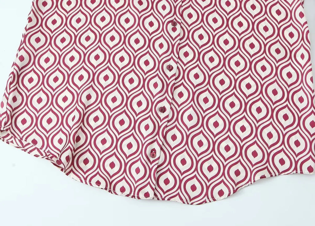 Women's Geometric Print Satin Effect Shirt with Lapel Collar Long Sleeve Single Breasted Slim Fit Chic Top for Spring and Summer