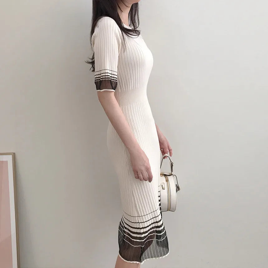Summer Mesh Patchwork Midi Dress for Women O Neckline