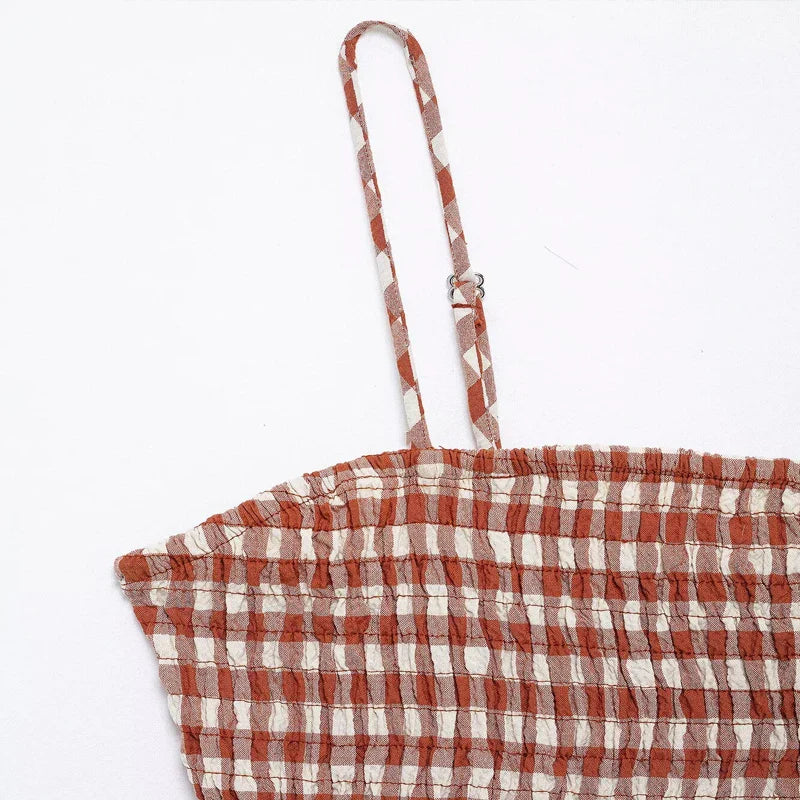 Women's Plaid Halter Crop Top with Backless Design and High Waist Vintage Maze Pattern Skirt Set