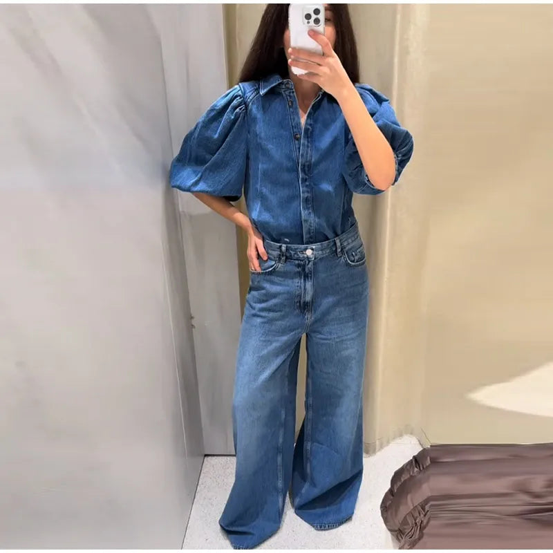 Street Denim Women's Puff Sleeve Shirt Solid Color Single Breasted Pleated Blouse Casual Half Sleeve Top for Spring and Summer