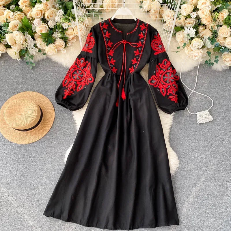 Bohemian Embroidered Floral Dress With Lantern Sleeve