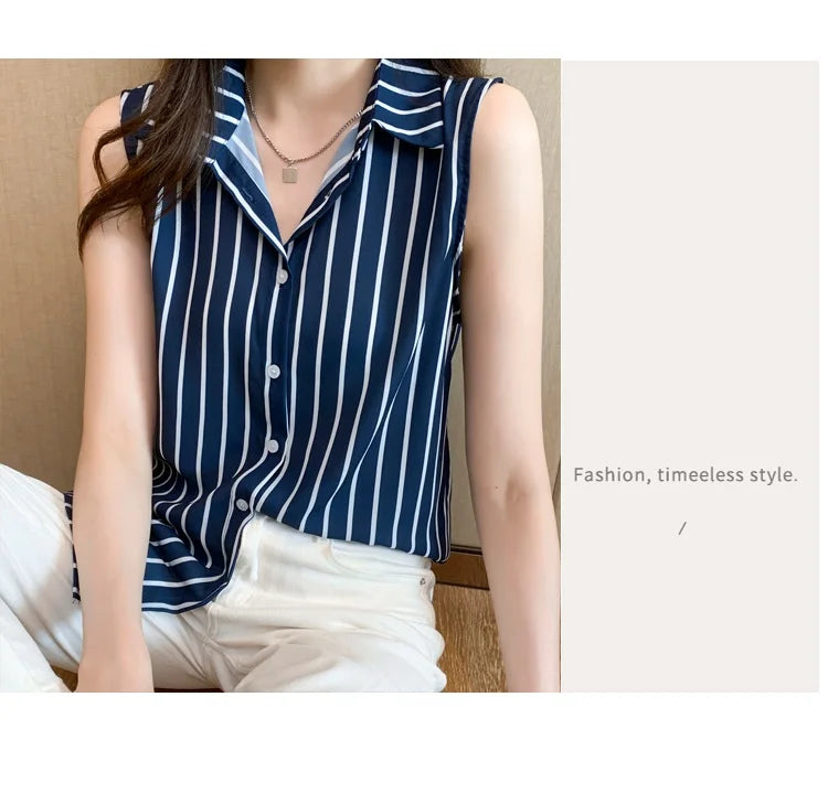 Striped Sleeveless Chiffon Blouse for Women Summer Vest Casual Lightweight Tops Basic White Shirt