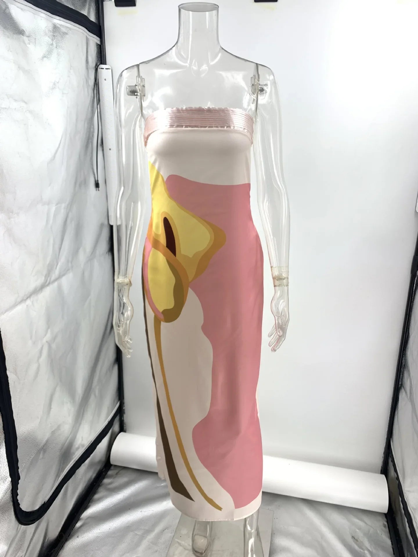 Satin Floral Strapless Maxi Dress Backless Bodycon Evening