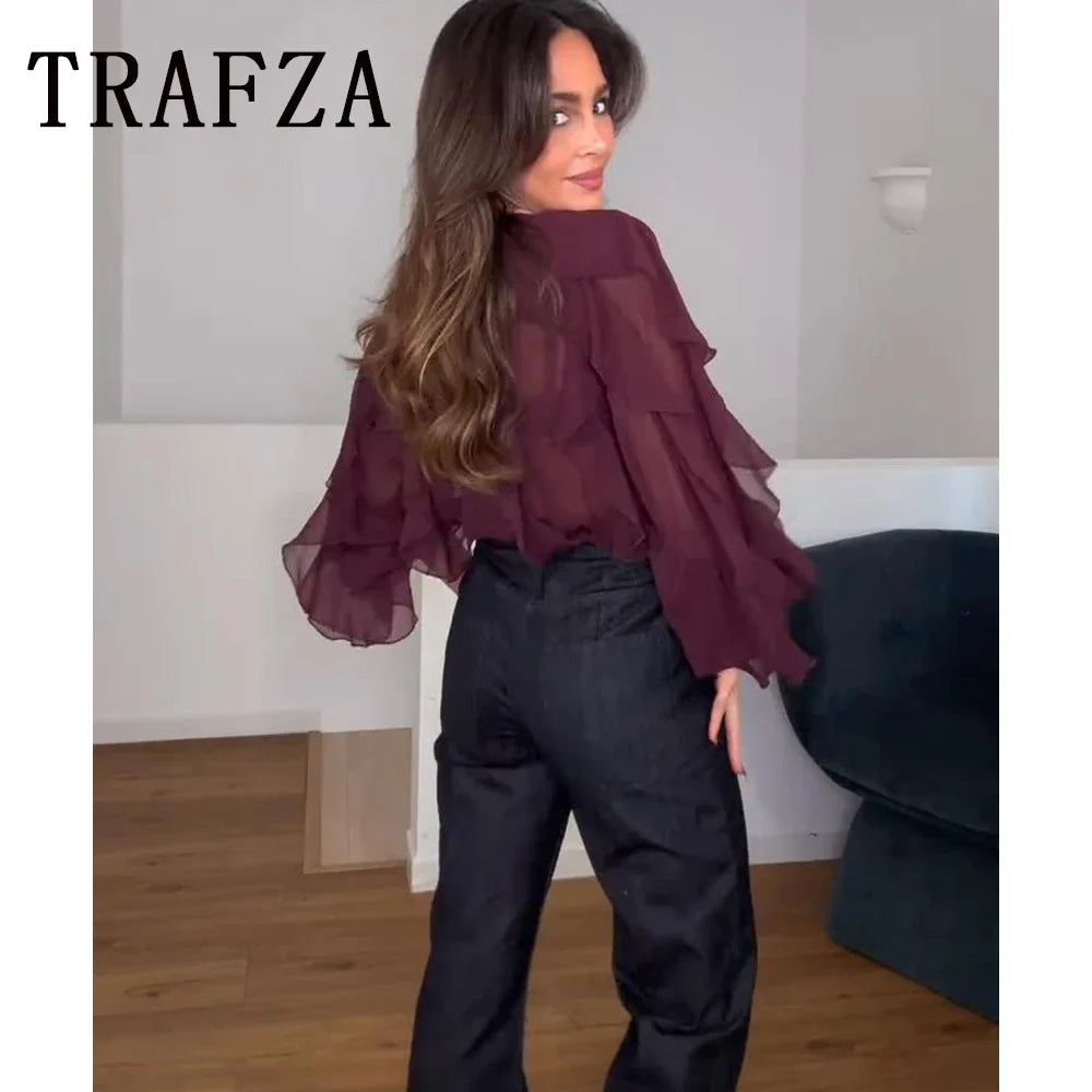 Sexy Transparent Tassel Chiffon Women Blouse Long Sleeve V Neck Loose Fit Single Button Shirt Stylish Lightweight Top for Spring and Summer