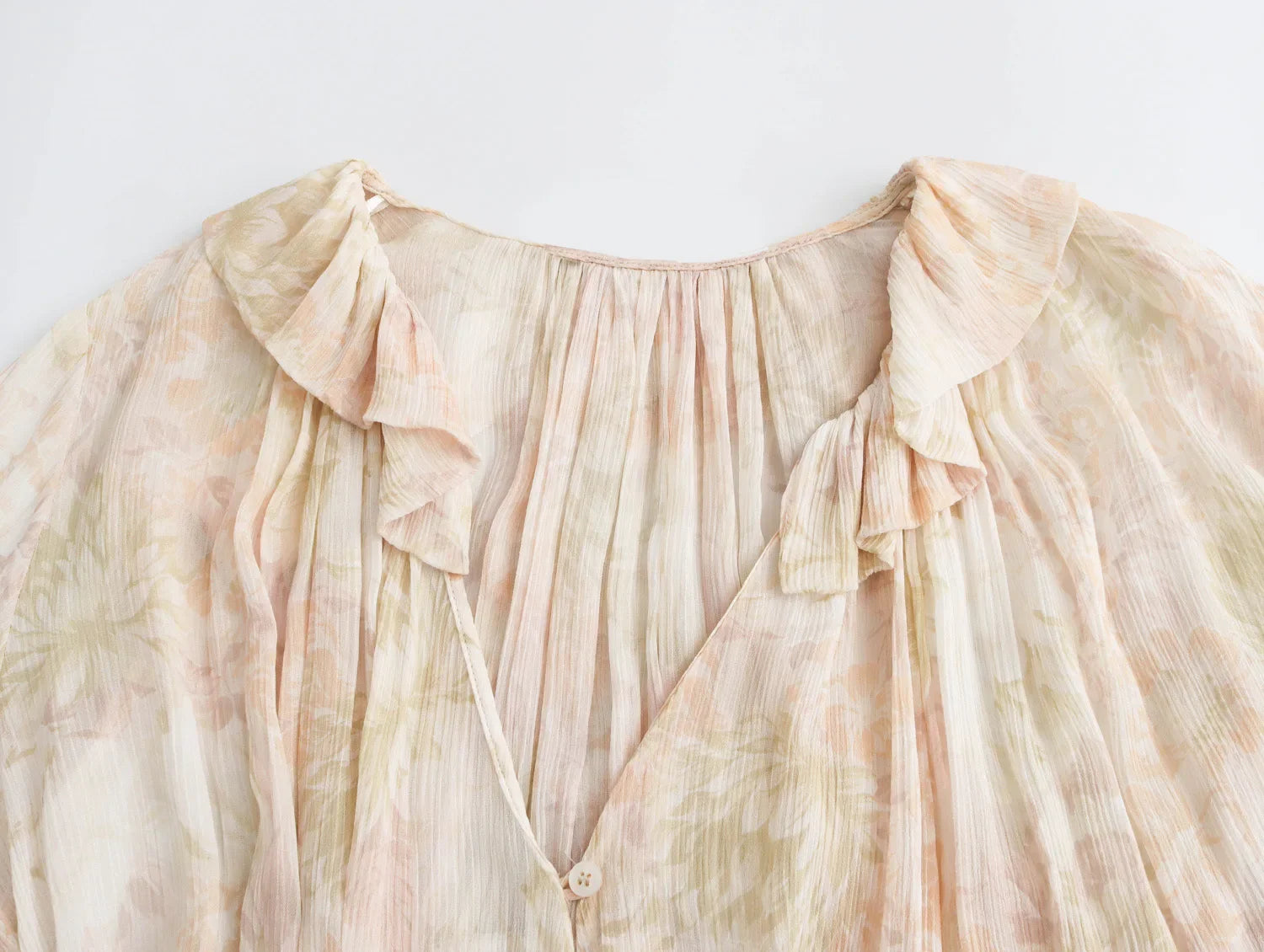 Loose Printed Blouse for Women with Pleated V-Neck Lantern Sleeves Single-Breasted Casual Pullover Shirt Chic Lightweight Spring Summer Top