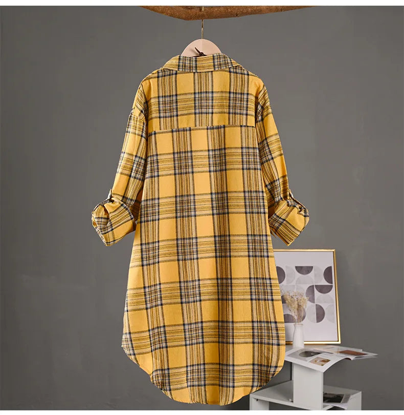 Women's Lightweight Cotton Linen Plaid Shirt Mid-Length Loose Jacket with Sun Protection for Spring and Summer Outerwear