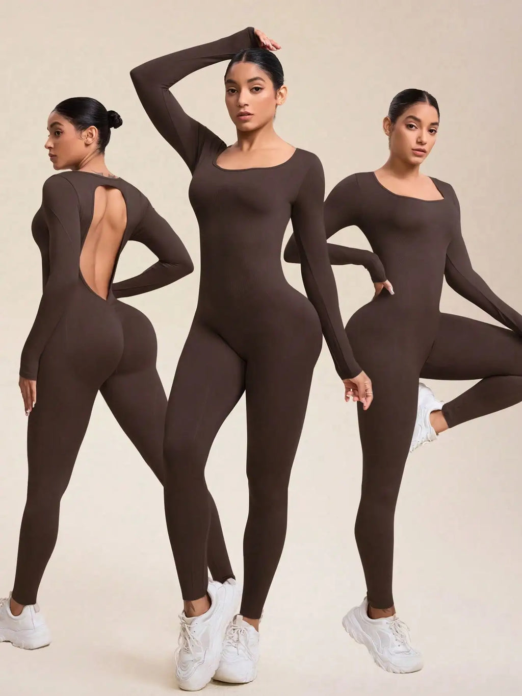Women Long Sleeve Sexy Backless Bodycon Jumpsuit Romper with Scrunch Butt V Back Workout Playsuit Bodysuit