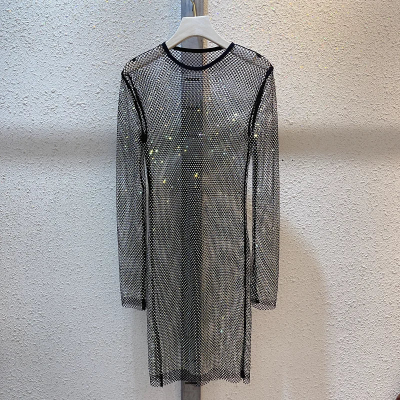 See Through Rhinestone Dress Round Neck Long Sleeve
