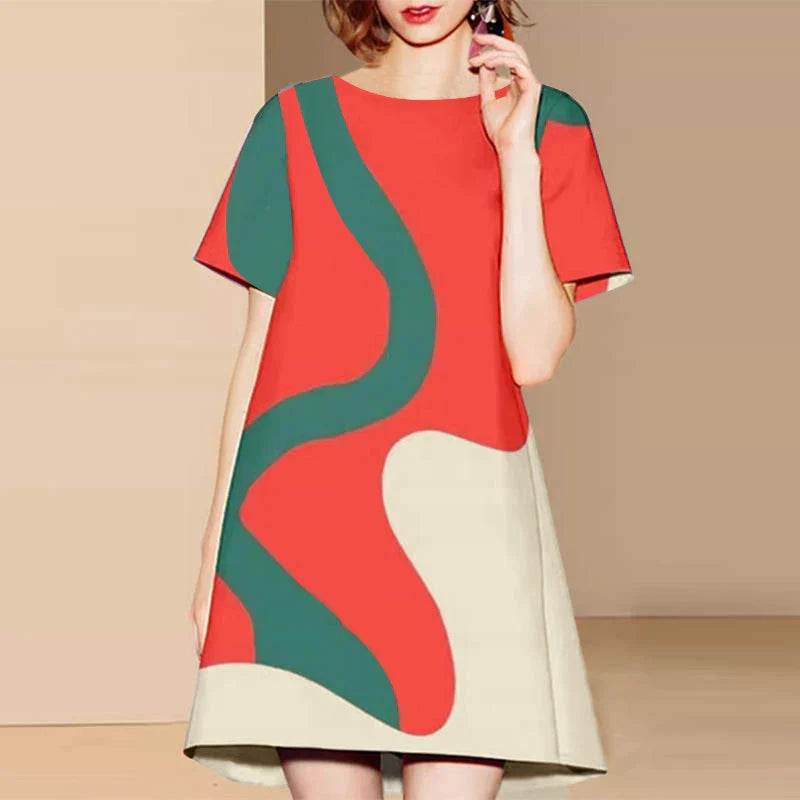 Women Colorful Printed Sundress Round Neck Short Sleeves