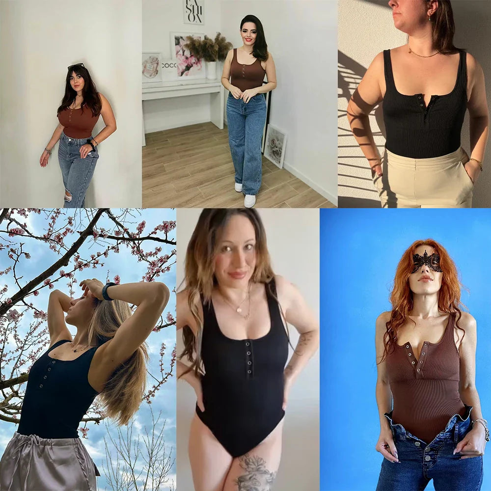Women's Button Front Square Neck Ribbed Sleeveless Skinny Bodysuit Slimming Shapewear Casual Tank Top