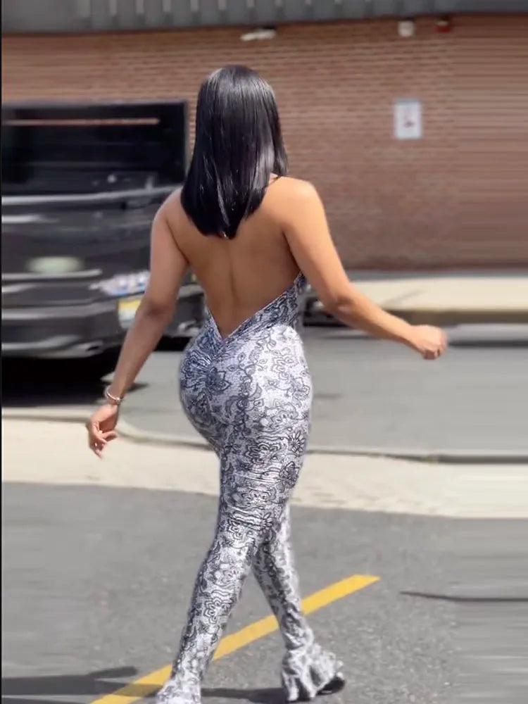 Attractive Y2K Women Jumpsuit Fashion Print Halter Neck Backless High Collar Off Shoulder Overalls for Nightclub Party