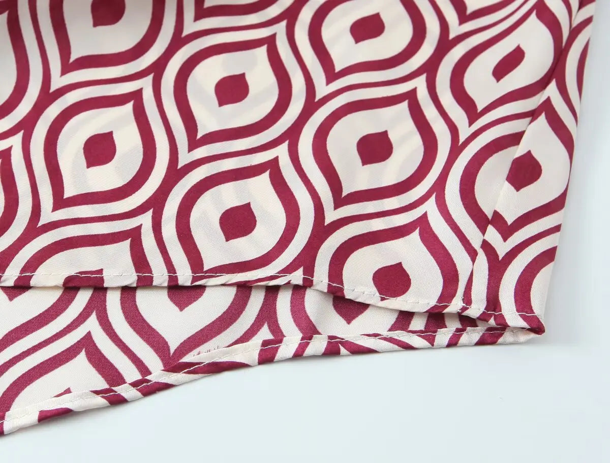 Women's Geometric Print Satin Effect Shirt with Lapel Collar Long Sleeve Single Breasted Slim Fit Chic Top for Spring and Summer