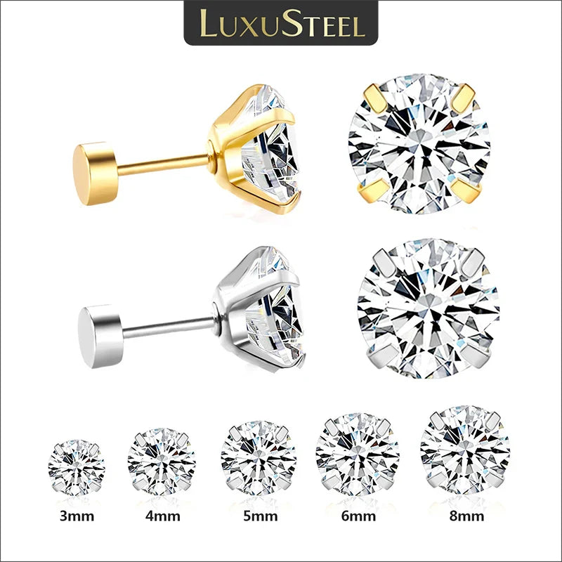 Stainless Steel Crystal Stud Earrings for Men and Women with 4 Prong Round Clear Cubic Zirconia