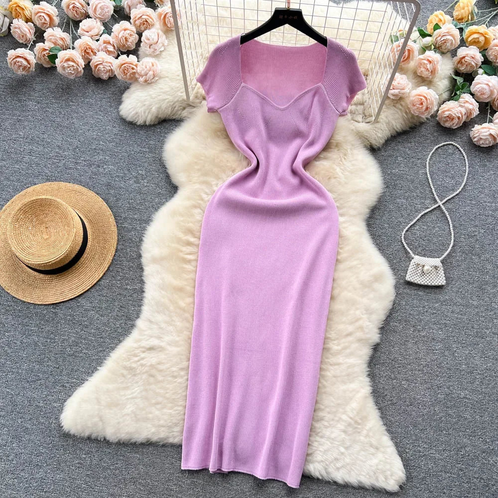Sexy Summer Knit Dress Elastic Waist Bodycon Sundress