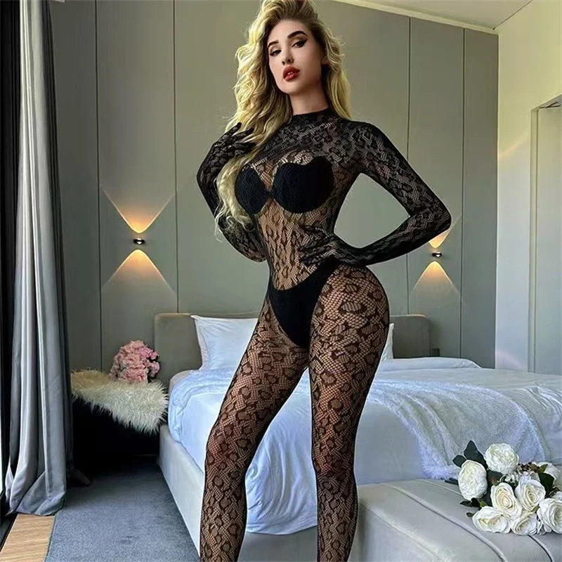 Women's Sexy Leopard Print Hollow Out Mesh Bodystocking Long Sleeve Fishnet See Through Bodysuit Jumpsuit Nightwear