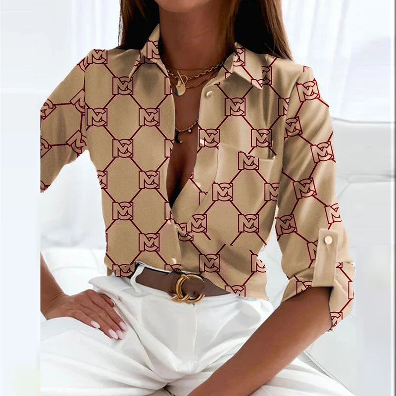 Women's Elegant Turn Down Collar Blouse Slim Fit Vintage Printed Long Sleeve Shirt for Office and Casual Spring Autumn Fashion