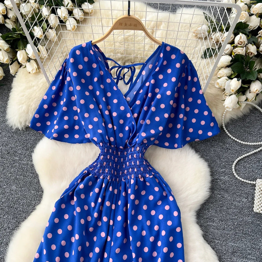 Elegant Polka Dot Romper for Women V-Neck Short Sleeve High Waist Wide Leg Jumpsuit Loose Fit Summer Playsuit