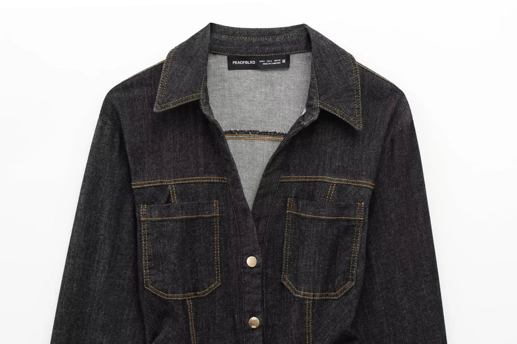 Women Black Denim Pants Set with Fitted Shirt and Patch Pockets Straight Leg Jeans Suit