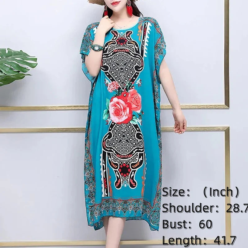 Retro Ethnic Print Batwing Sleeves Dress With High Slit