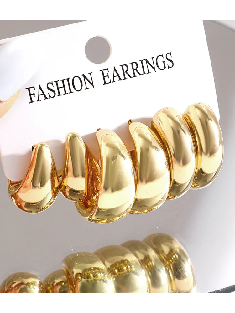 12pcs Set Classic Twist C Shape Tear Drop Design Women's Gold Color Earrings for Daily Wear and Party Outfits