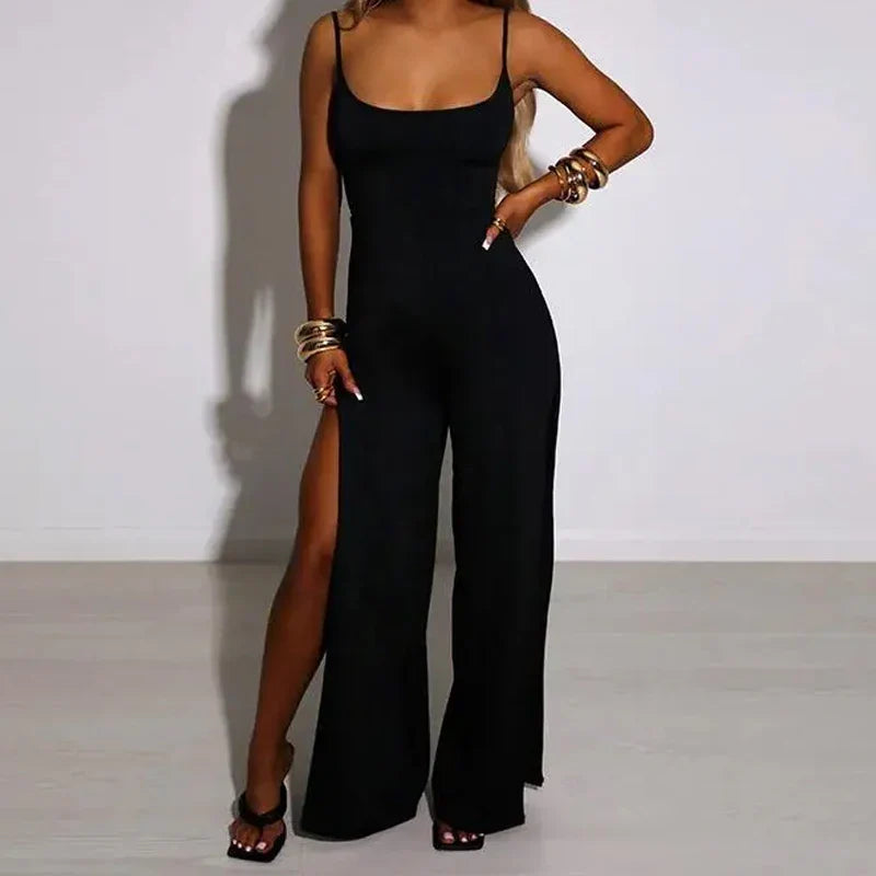 Sexy Backless Bandage Jumpsuit for Women Sleeveless Elegant Split Bodysuit Slim Fit Casual Solid Color Playsuit
