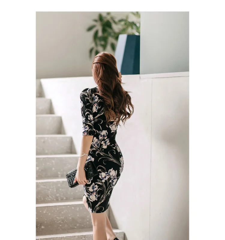 V-Neck Pencil Dress for Women Vintage Print Office Wear