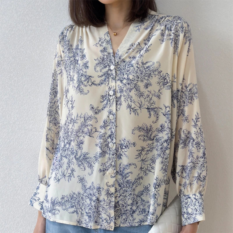 Women 100 Percent Mulberry Crepe Silk Shirt White Floral Button Down Long Sleeve Blouse Elegant Office Top M L XL