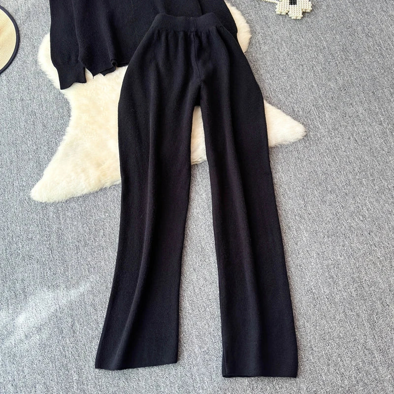 Cozy Knitted Two-Piece Women's Tracksuit Set with V-Neck Sweater and Straight Jogging Pants Autumn Winter Lounge Wear