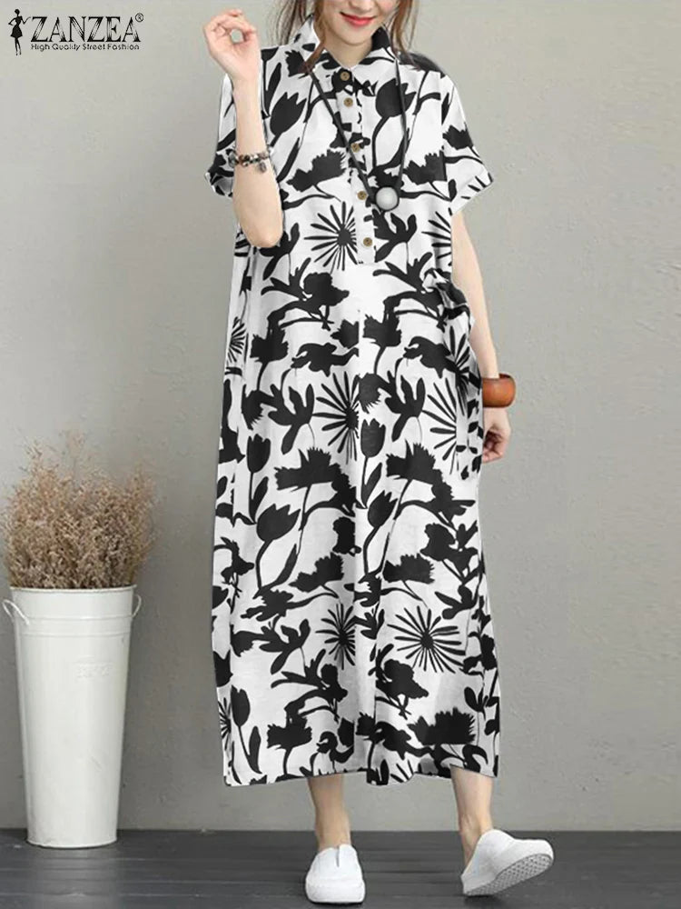 Floral Print Shirt Dress For Women Loose Midi Sundress