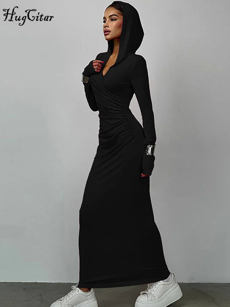 V Neck Solid Maxi Dress With Draped Silhouette Long Sleeve