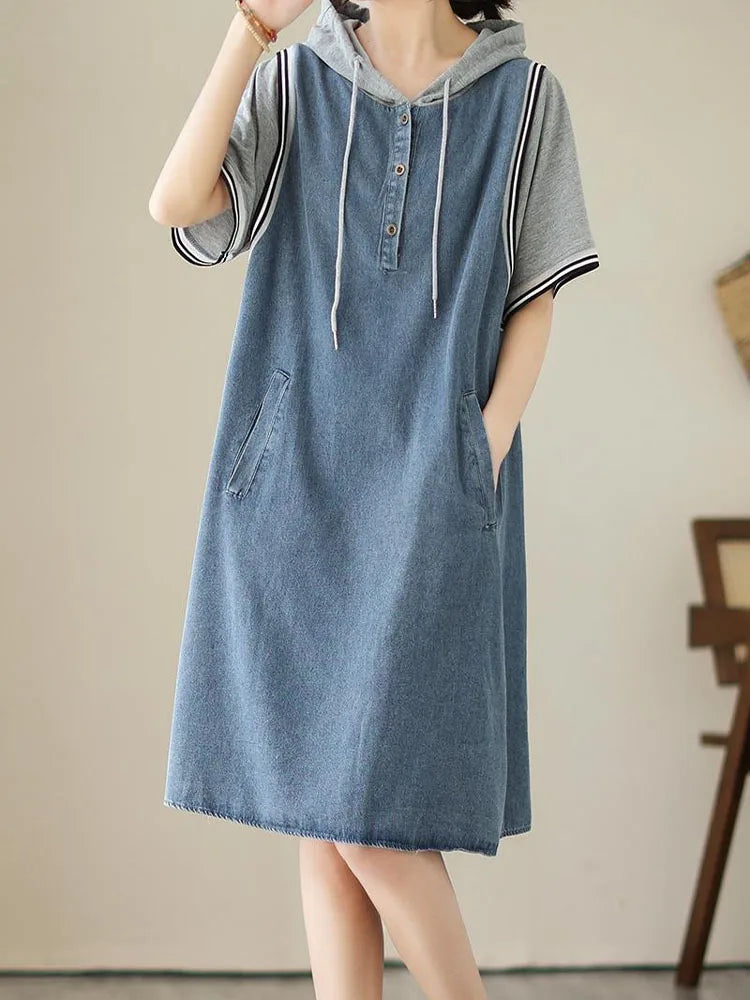 Denim Mini Dress Women Loose Elegant Vintage Casual